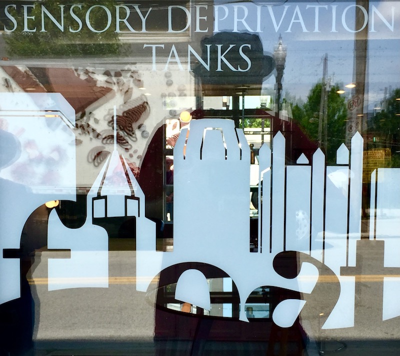 window decal for Float featuring buildings from the downtown Pittsburgh skyline