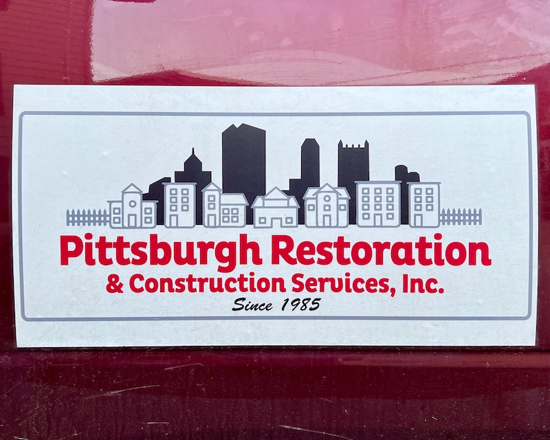 decal for Restoration City. Pittsburgh Restoration & Construction Services, Inc. on pickup truck door