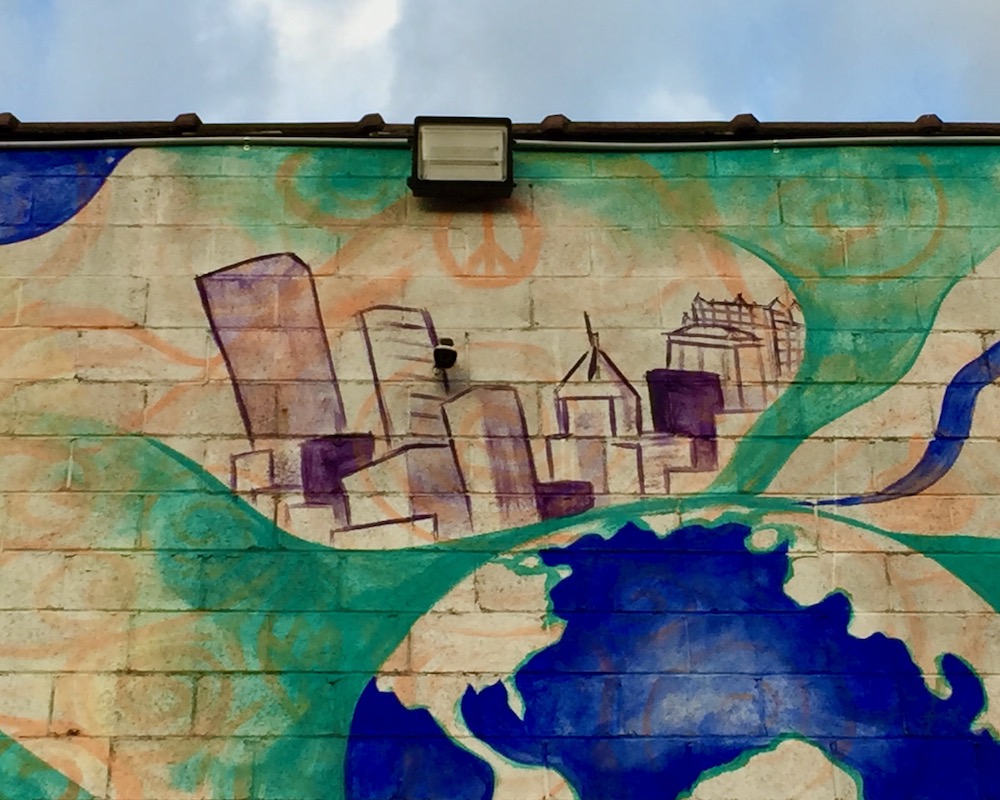 detail from mural featuring downtown Pittsburgh skyline