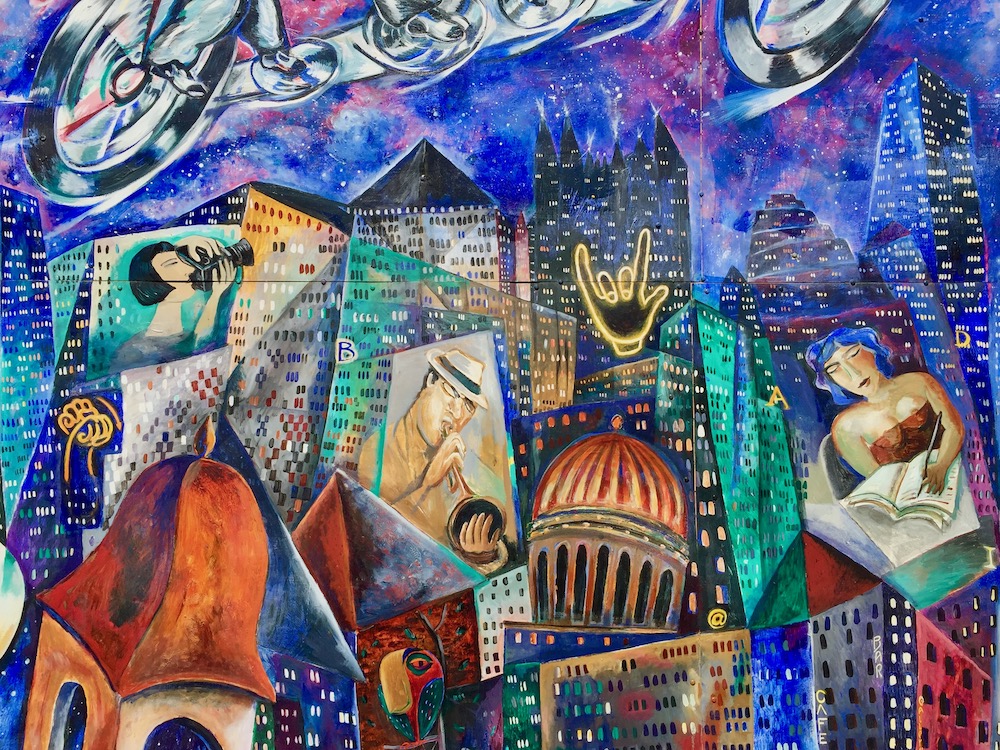 detail of mural depicting stylized downtown Pittsburgh skyline