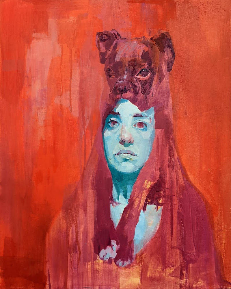 self-portrait oil painting by Annie Heisey with dog draped around the artist like a cloak