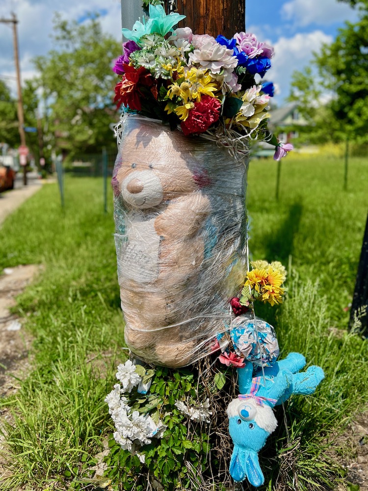 memorial on utility pole with stuffed animals and flowers