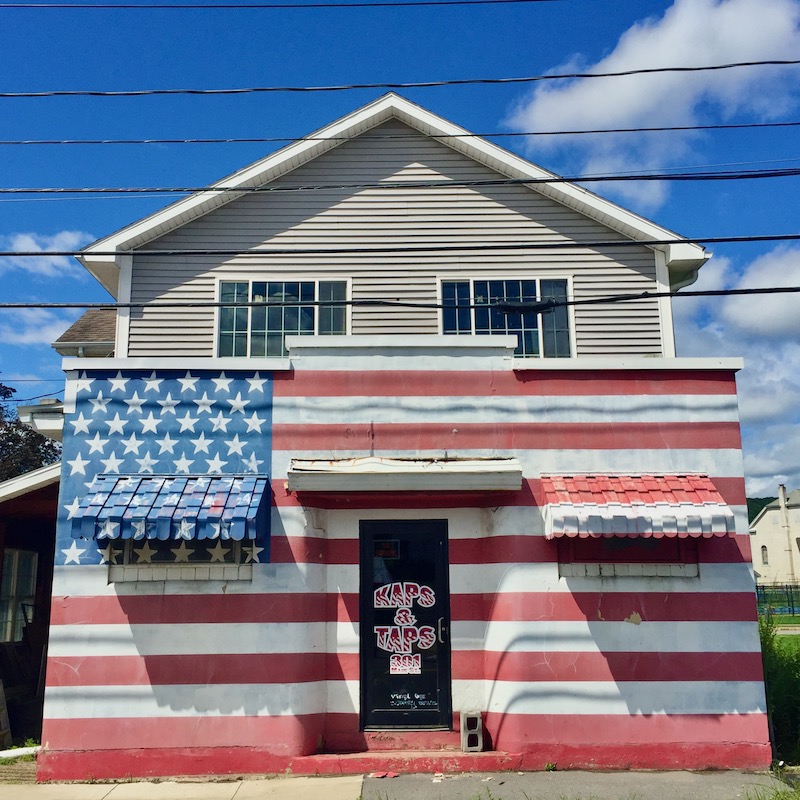 storefront painted like American flag