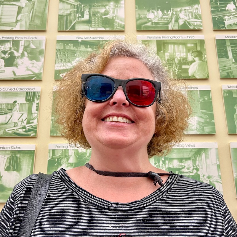 woman with red/blue 3-D glasses