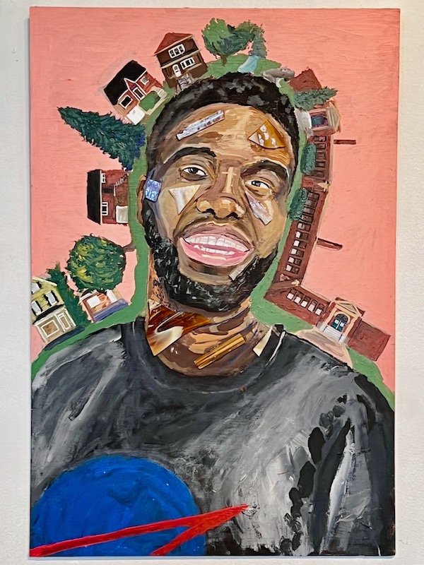 portrait painting by artist Nathan Van Patter of man with houses running around his head