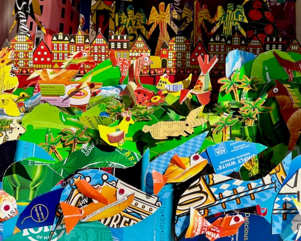 art installation of imagined landscape made from recycled food packaging by artist Kirsten Ervin at Silver Apple Gallery, Pittsburgh