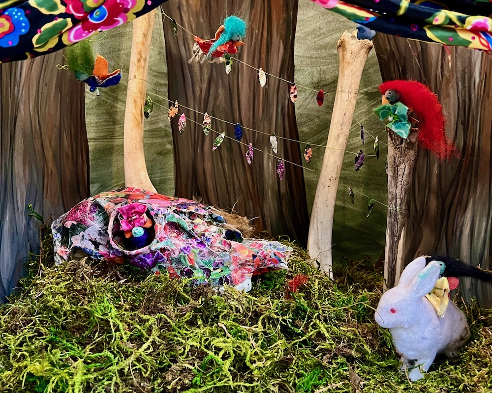 installation art with handmade trolls in woodland scene at Silver Apple Gallery, Pittsburgh