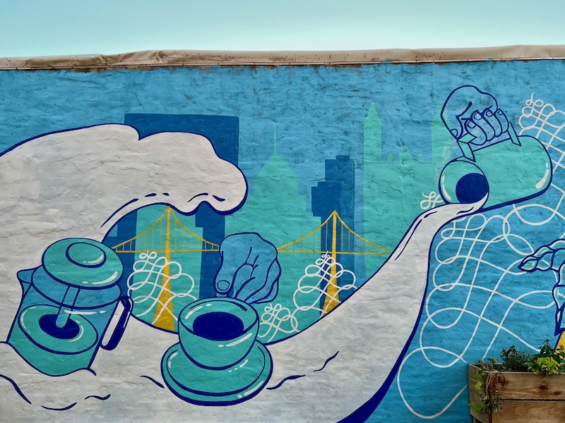 mural for coffee shop with skyline of downtown Pittsburgh