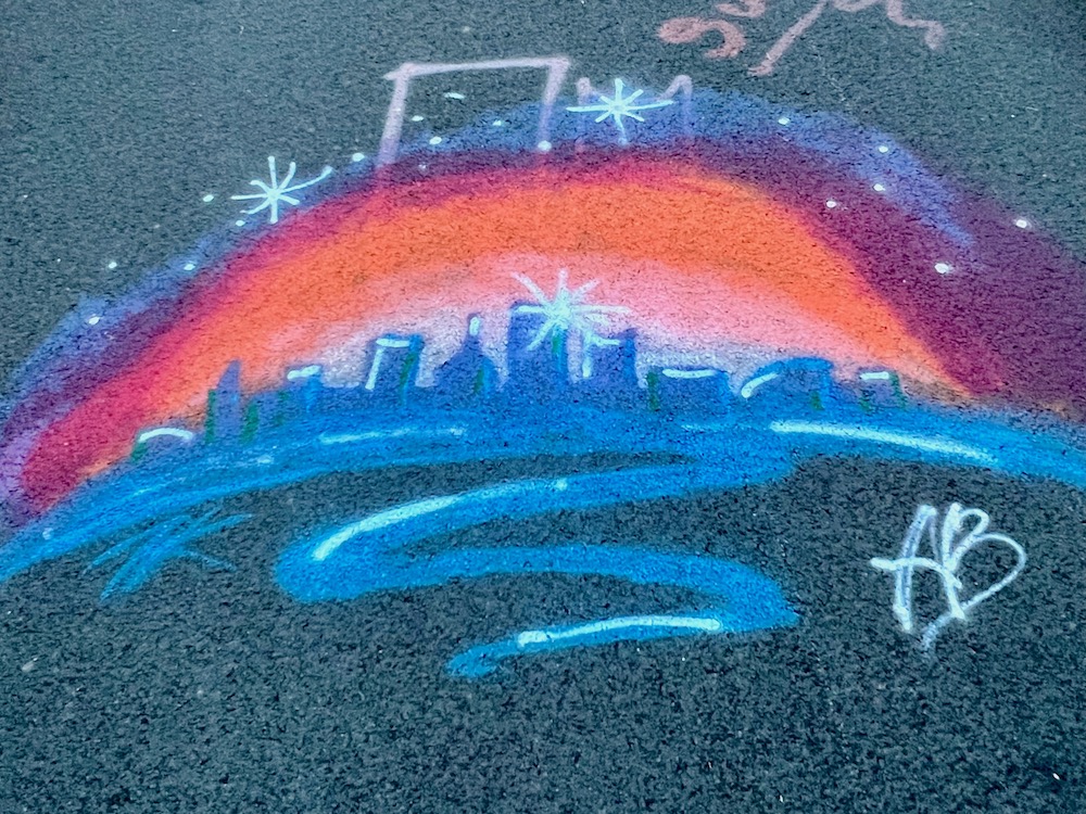 painting of downtown Pittsburgh skyline with sparkles