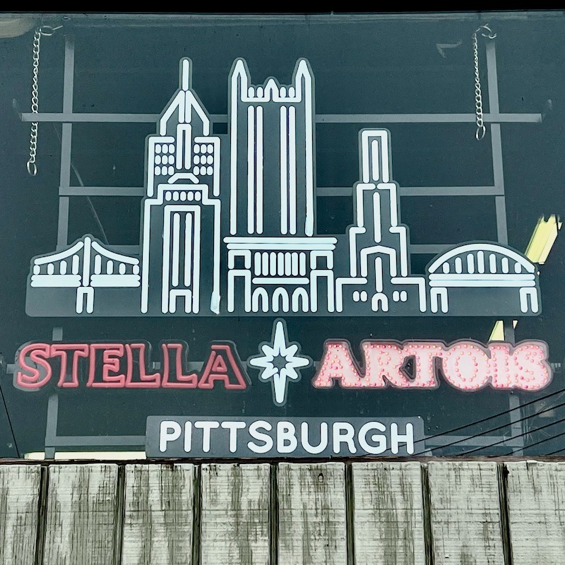 beer sign with downtown Pittsburgh in faux-neon