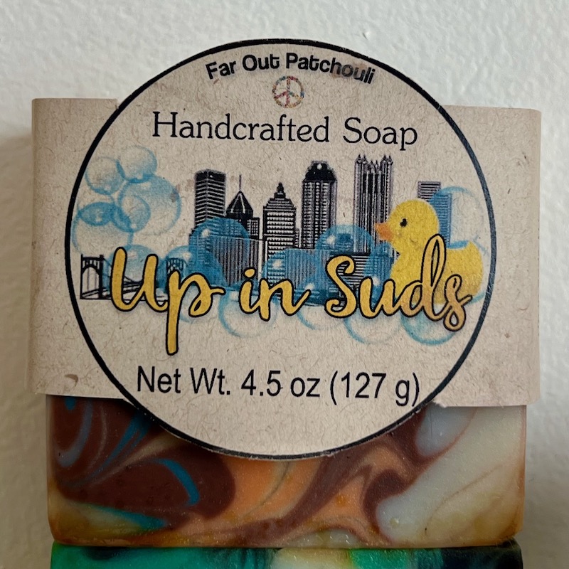 label for handmade soap including downtown Pittsburgh with bubbles and rubber ducky