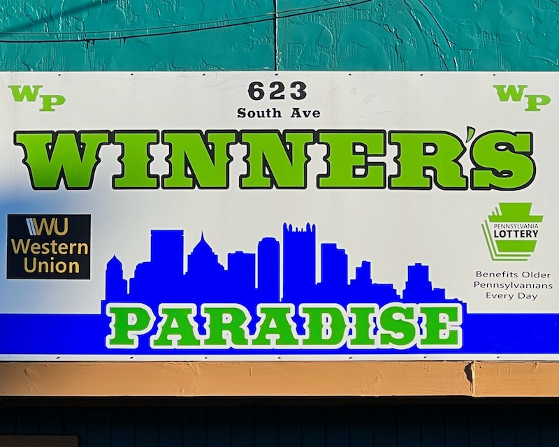 retail sign including skyline of downtown Pittsburgh