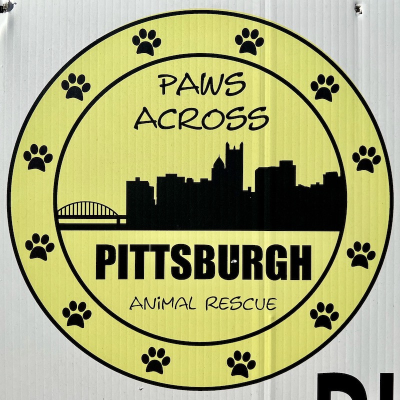 logo for animal rescue organization featuring skyline of downtown Pittsburgh