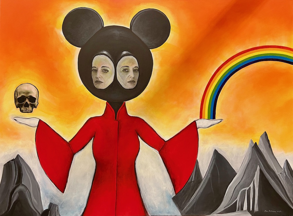 painting of creature with two faces and Mickey Mouse ears holding both a skull and a rainbow