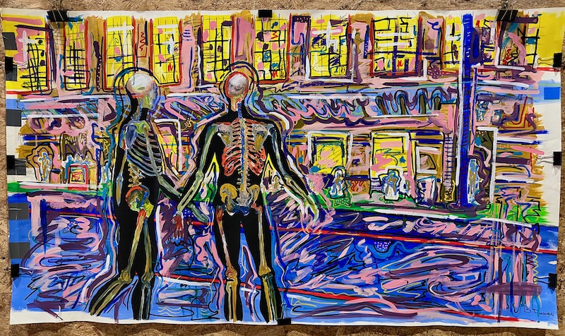 painting of busy street scene with skeletons in foreground