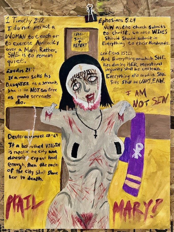 painting of crucified nun with Bible verses