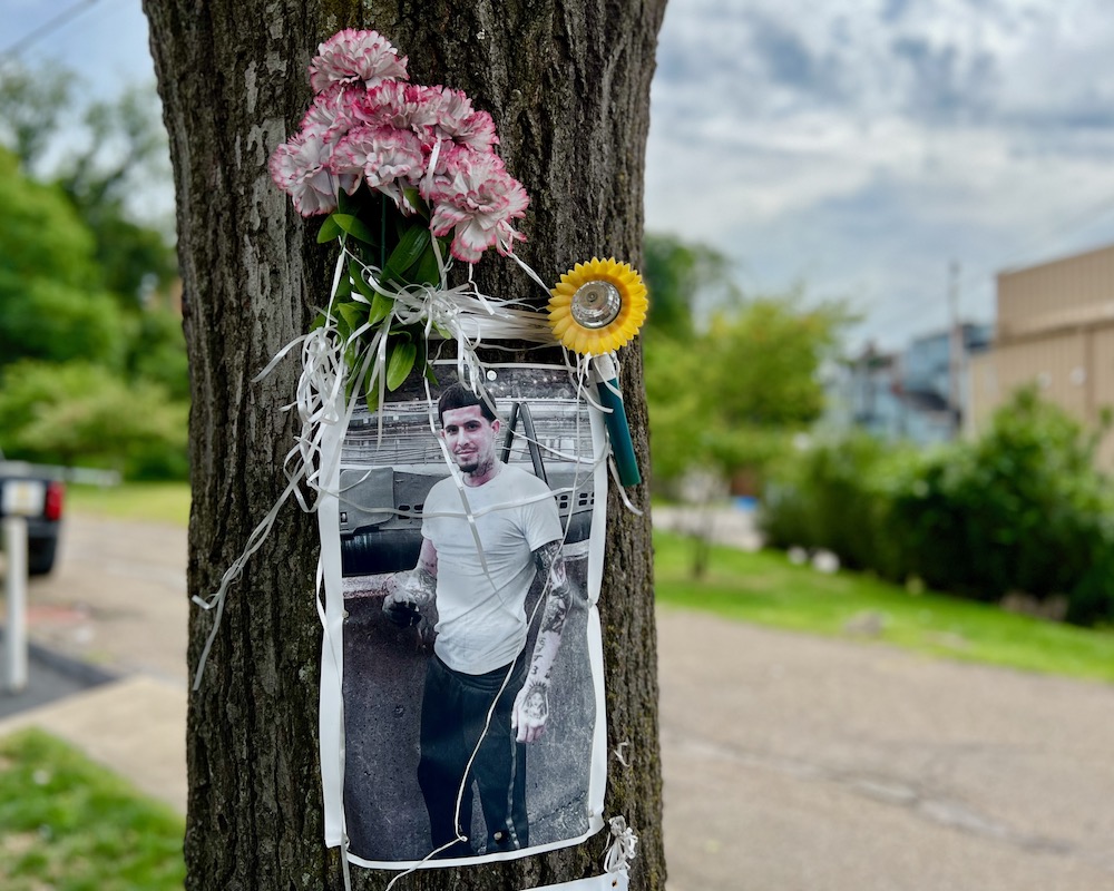 impromptu memorial with photograph and flowers on tree