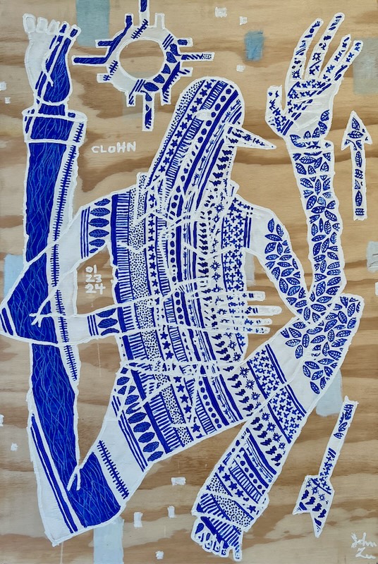 painting of figure decorated like broken pottery