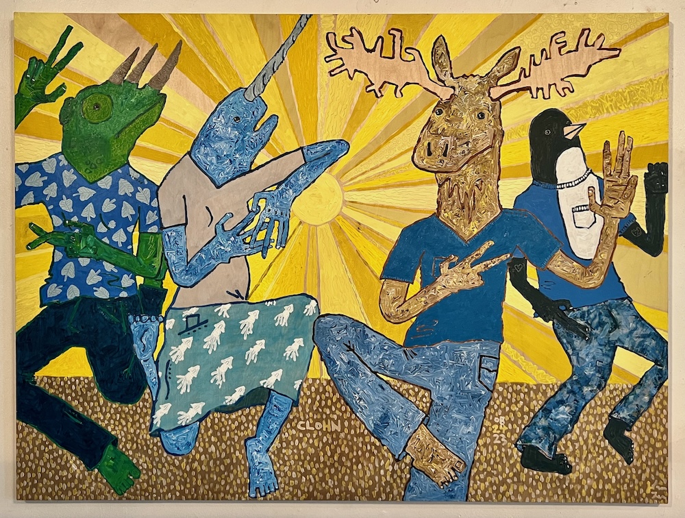 painting of figures with human bodies and animal heads dancing by artist John Lee