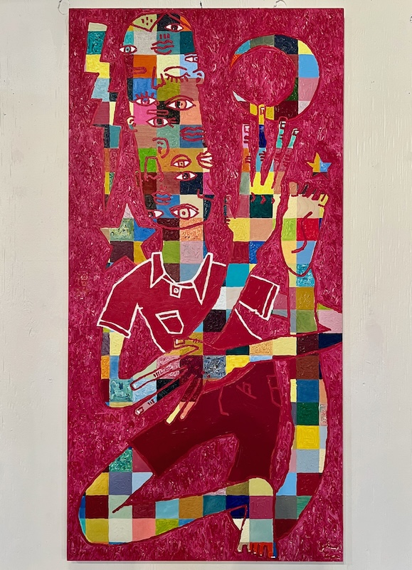 painting of strange figure with many eyeballs and plaid flesh by artist John Lee