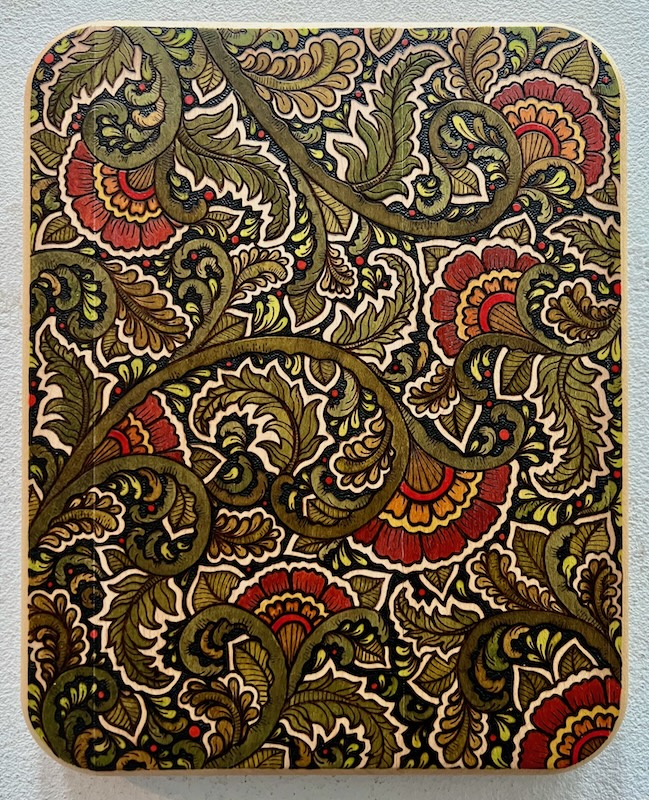 wooden cutting board turned into intricate art by Rachel McFarlane David