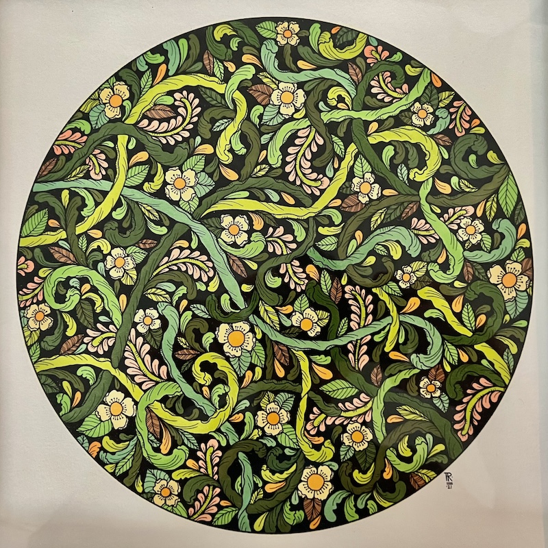 intricate drawing of flowers and vine-like greenery by artist Rachel McFarlane David