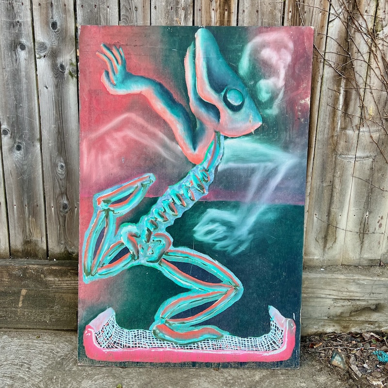 painting of dancing skeleton lizard left outside
