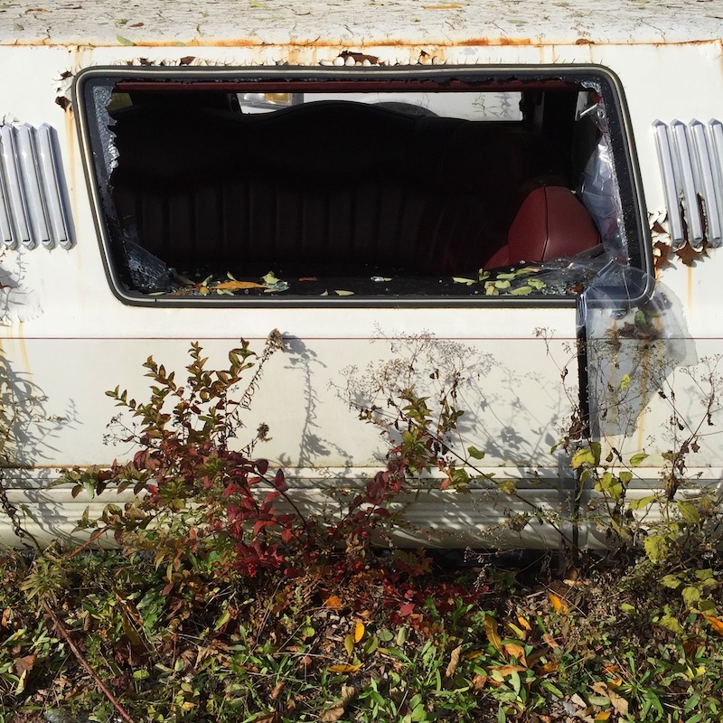 weathered limousine parked in weeds with window smashed out