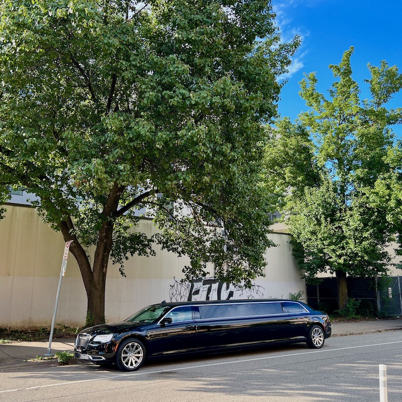 limousine parked by graffiti-covered wall